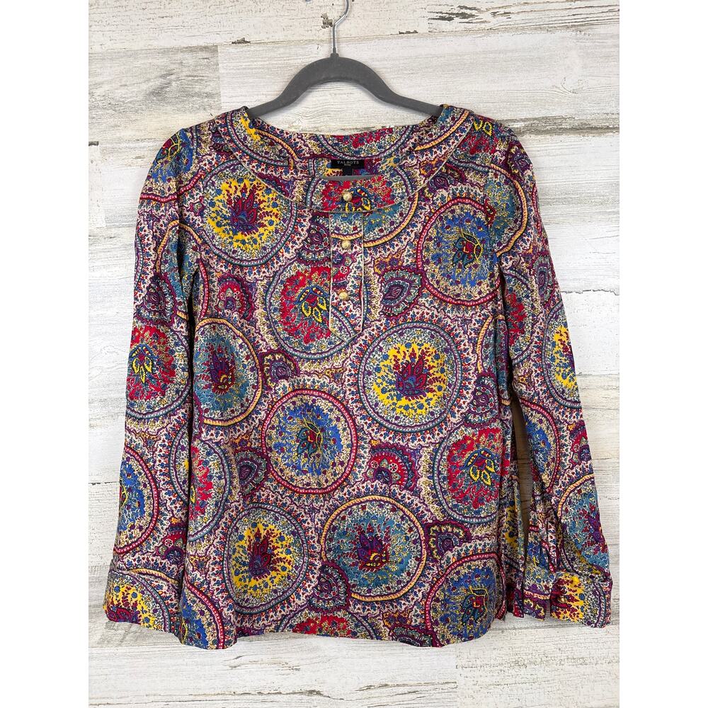 Talbots Womens 8 Petite Multicolor Paisley Metallic Henley Long Sleeve Boho Top